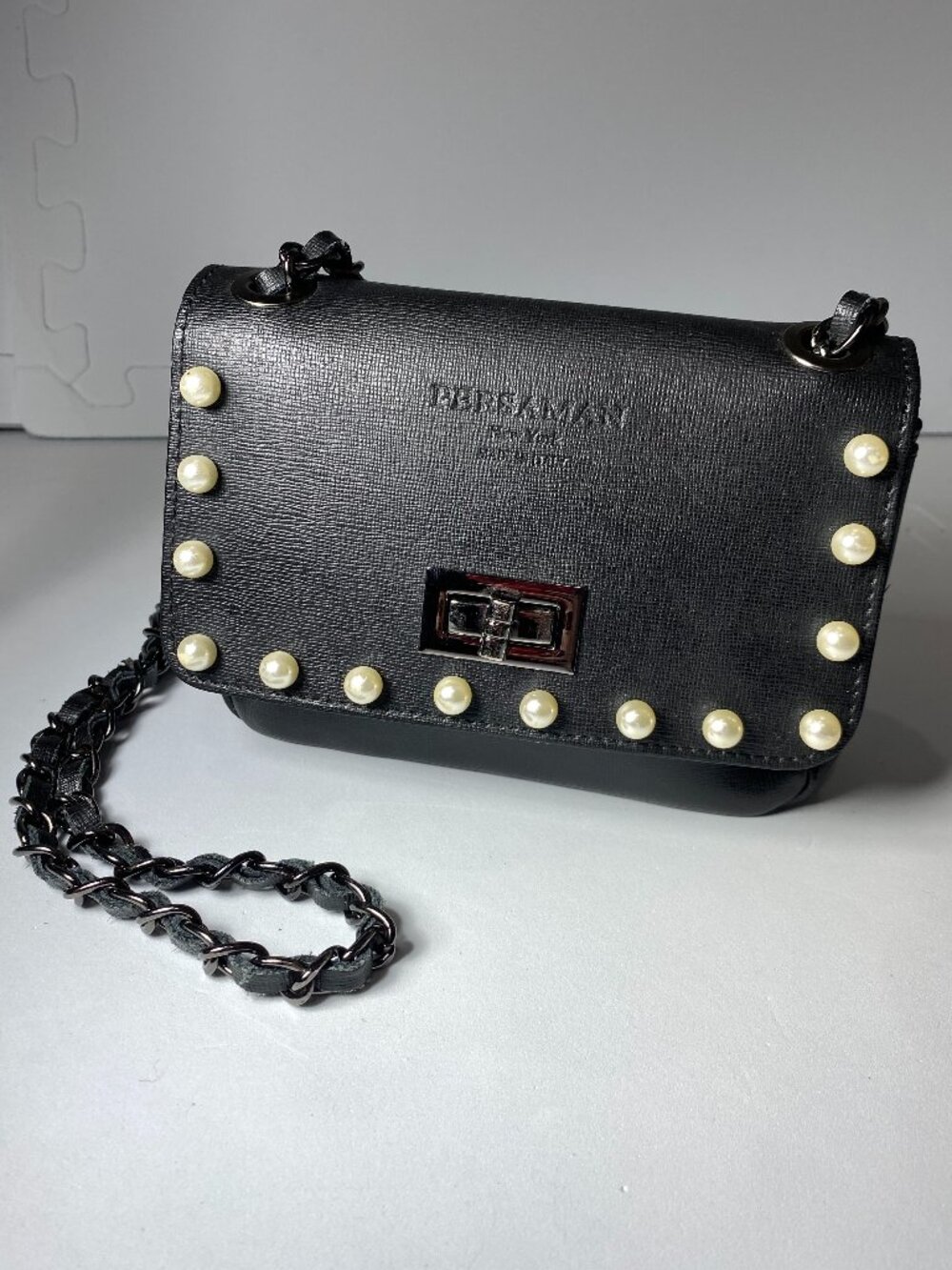 PERSAMAN NY Made in Italy Genuine Leather Pearl Stud Chain Crossbody Bag Black